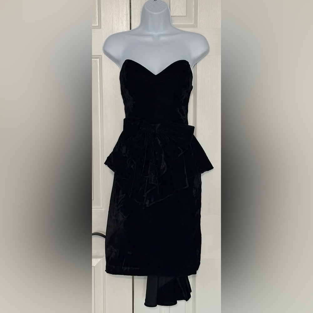 TAD Black Velvet Strapless Dress Small High Low Peplum Bow